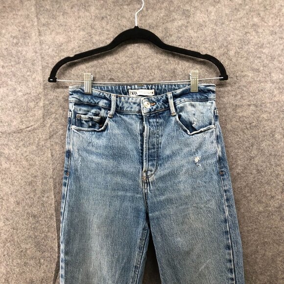 Zara High Waisted Straight Jeans Womens Size 4 Blue Button Fly Raw Hem Light - Picture 3 of 9